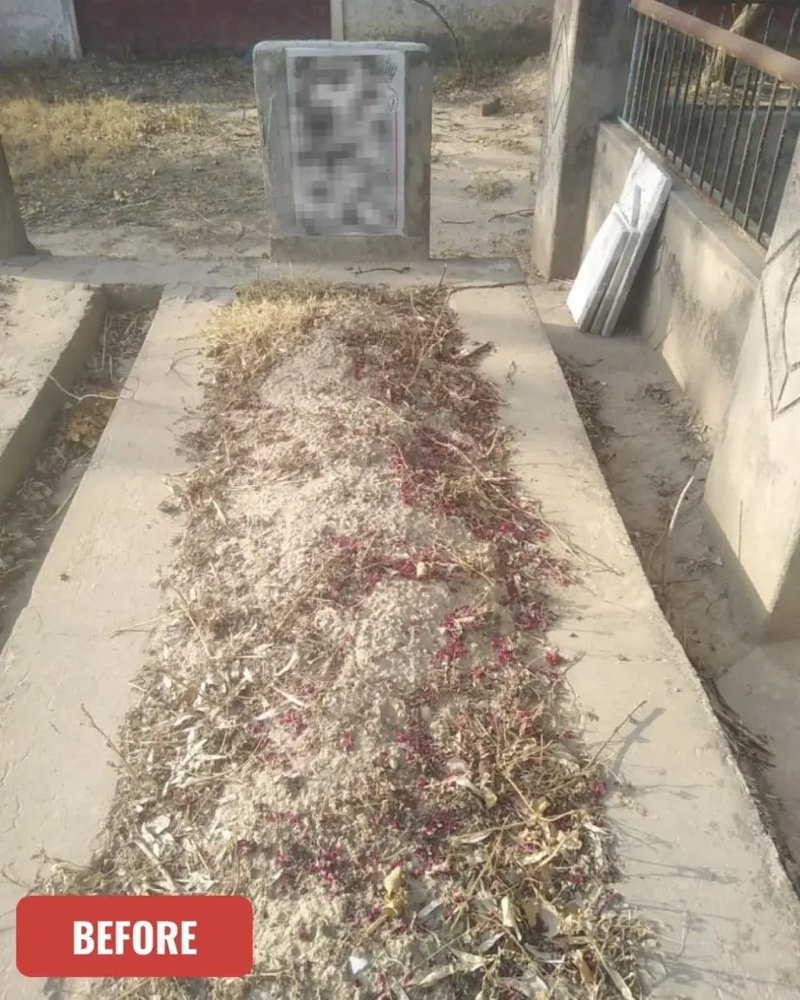Grave before care, overgrown and neglected