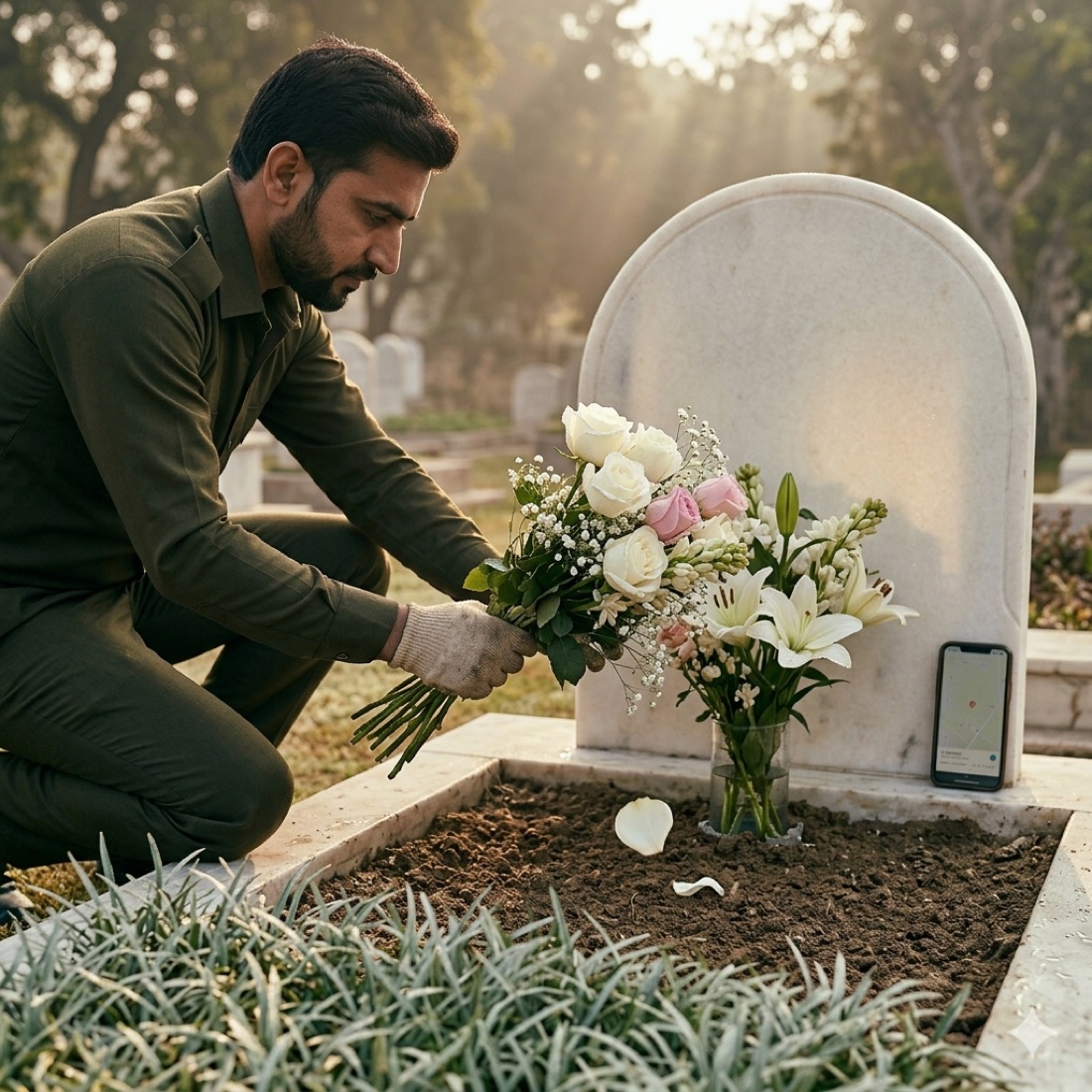A caretaker placing fresh flowers at a loved one's grave